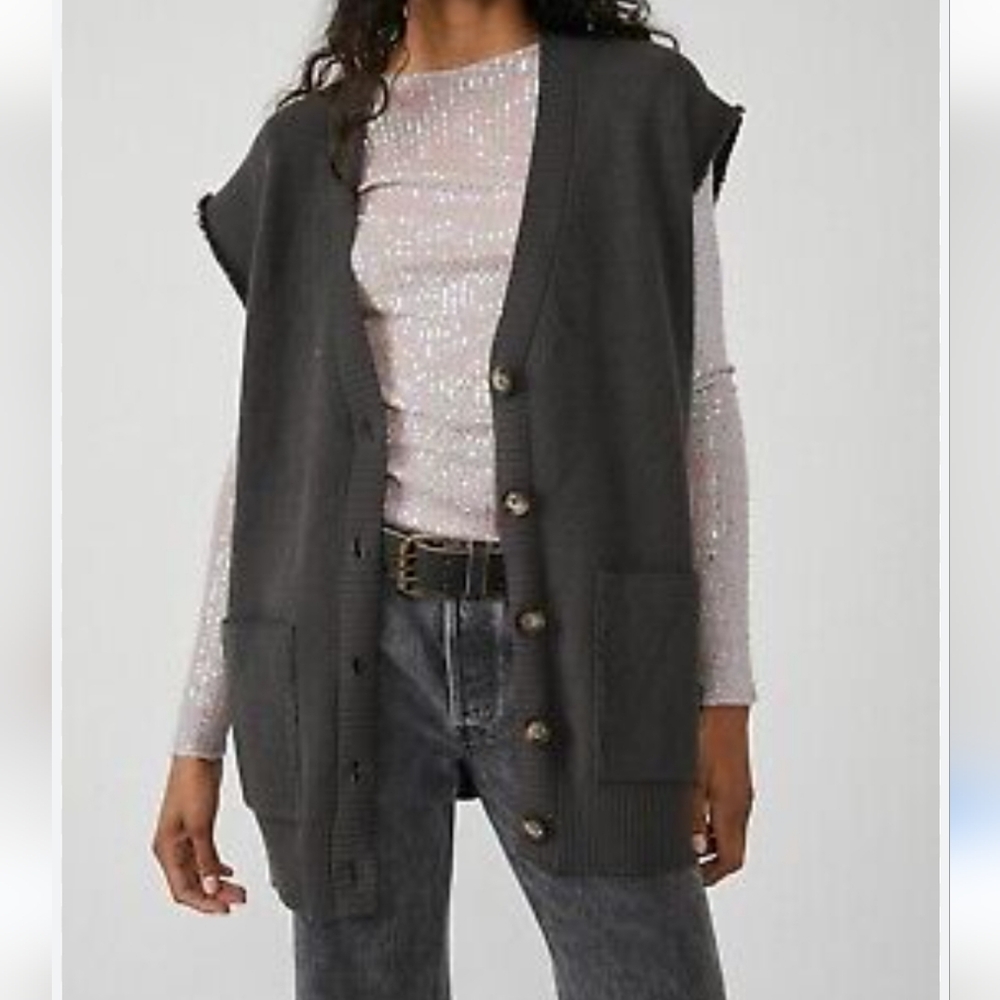 Free People Dark Gray Button-Front Knit Vest